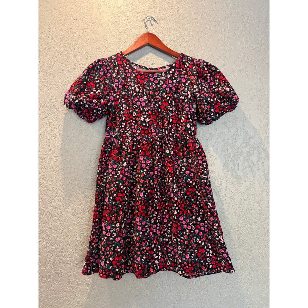 Thereabouts Girls Floral Corduroy Puff Sleeve Dress Size M 10-12 Pink Red Green